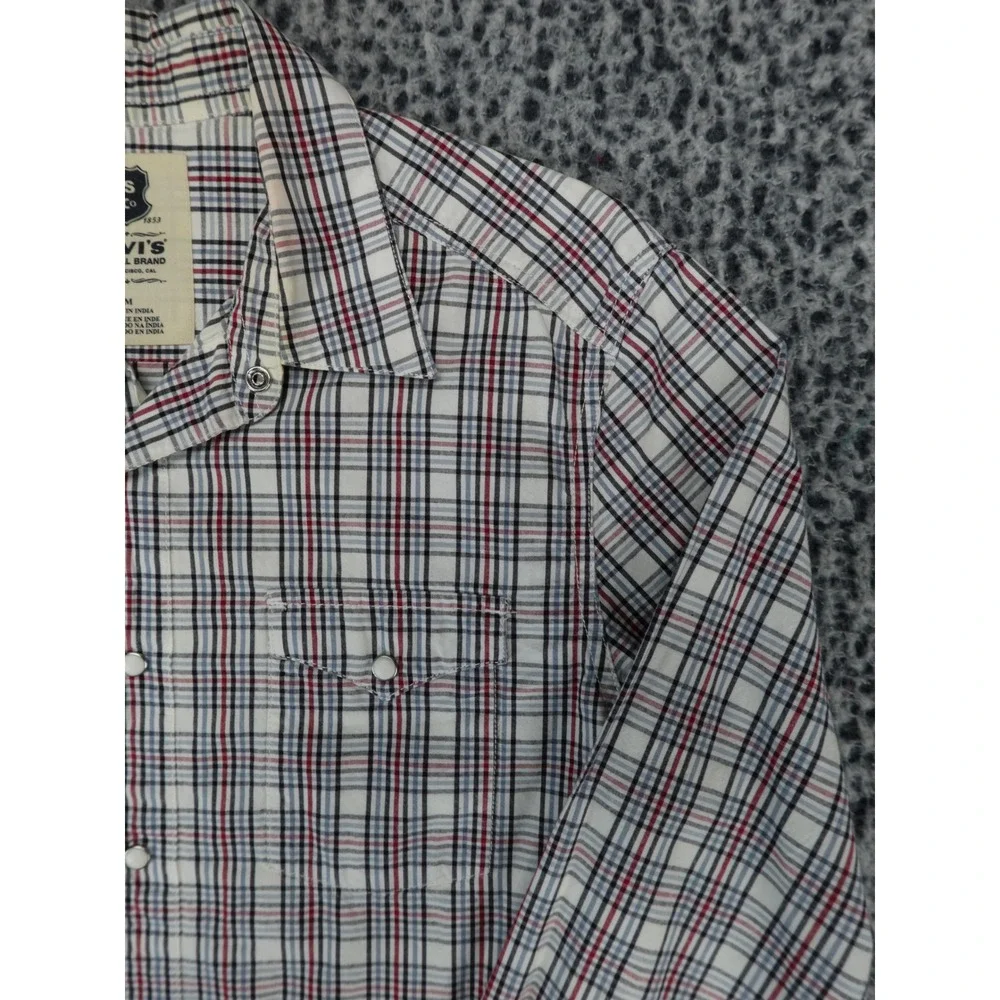Levis Mens Western Pearl Snap Shirt M Plaid‎ Long Sleeve Red Blue White Cotton